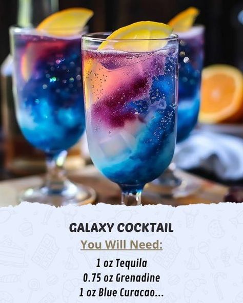 Karla's Recipes | Sip on a stunning Galaxy Cocktail tonight | Facebook Tequila Galaxy Cocktail, Glitter Drink Recipe, Alien Cocktails, Galaxy Mocktail, Galaxy Drink, Galaxy Cocktail, Galaxy Cocktail Recipe, Beautiful Cocktails, After Dinner Cocktails