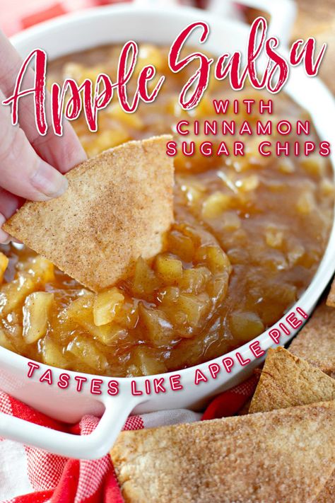 Apple Pie Dip with Cinnamon Sugar Chips is a super fun twist on the classic flavors of apple pie. Sweet apples simmered with cinnamon and sugar until soft and perfectly scoopable with homemade cinnamon sugar tortilla chips that you bake in the oven until crisp--you'll love this sweet salsa for a snack, appetizer, or dessert! Apple Pie Salsa, Apple Salsa Recipe Canning, Apple Salsa Recipe, Cinnamon Sugar Chips, Cinnamon Sugar Tortilla Chips, Cinnamon Sugar Tortilla, Apple Pie Dip, Apple Dip Recipe, Apples With Cinnamon