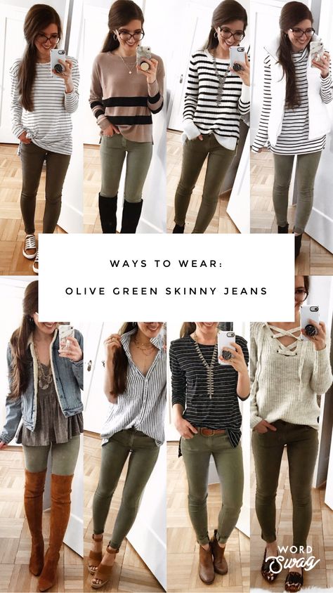 WAYS TO WEAR: Green Skinny Pants Olive Green Bootcut Pants Outfit, Green Pant Business Casual, Khaki Skinnies Outfit, Olive Leggings Outfit Summer, Zyia Olive Everywhere Pants Outfit, Hunter Green Pants Outfit Winter, Women’s Green Pants Outfit, Olive Pants Work Outfit, How To Wear Olive Pants