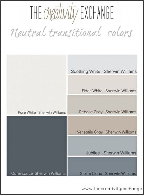 Sherwin Williams Outerspace, Storm Cloud, Jubilee, Versatile Gray, Repose Gray, Eider White Soothing White, Pure White... has photos of rooms with these colors: Eider White Sherwin Williams, Sherwin Williams Storm Cloud, Transitional Color Palette, The Creativity Exchange, Pure White Sherwin Williams, Eider White, Repose Gray Sherwin Williams, Interior Paint Colors Schemes, Sherwin Williams Gray