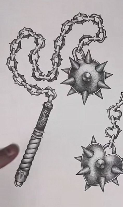 Chain Ball Tattoo, Flail Tattoo Drawing, Heart Chain Mace Tattoo, Spike Tattoo Design, Mace And Chain Tattoo Design, Traditional Mace Tattoo Design, Heart Mace Tattoo, Ball And Chain Tattoo Traditional, Chain Mace Tattoo