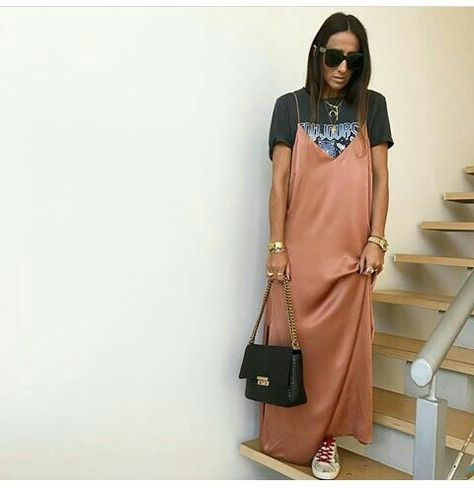 How To Wear A Summer Dress In Winter, Dress With Tshirt Over, T Shirt And Dress Outfit, Slip Dress Midsize, Tee Over Dress, Slip Dress Outfit Casual, Spaghetti Strap Dress With Shirt Under, Dress With Pants Underneath, California Fall Outfits