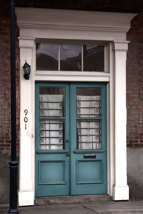 Entry Door With Sidelights, Turquoise Door, Turquoise Front Door, Doorway Decor, Turquoise Painting, Brick Exterior, New Orleans Travel, Painted Front Doors, Architectural Pieces