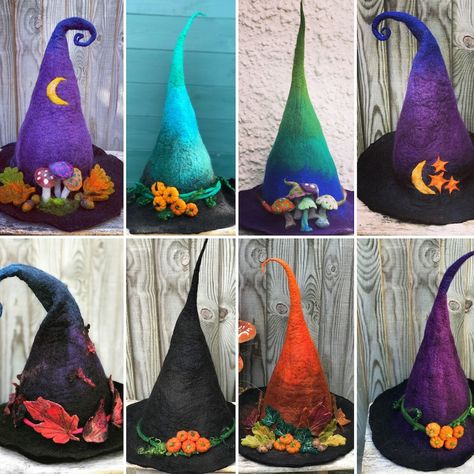 Faerie Clothes, Felt Witch Hat, Tovad Ull, Hat Cosplay, Hat Decor, Felted Hat, Felt Pumpkins, Nuno Felt Scarf, Witches Hat