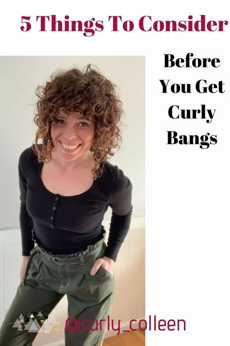 5 Things To Consider Before You Get Curly Bangs | Colleen Charney Damaged Curly Hair, Curly Hair Fringe, Curly Fringe, Wavy Bangs, Medium Curly, Curly Bangs, Short Curly Haircuts, Medium Curly Hair Styles, Corte De Cabelo Masculino