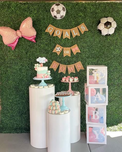 Soccer Or Bows Gender Reveal, Goals And Bows Gender Reveal, Gender Reveal Ideas Soccer Theme, Bows Or Goals Gender Reveal, Gender Reveal Ideas Soccer, Gender Reveal Soccer Theme, Soccer Gender Reveal Ideas, Baby Gender Reveal Party Ideas Theme, Goals Or Bows Gender Reveal