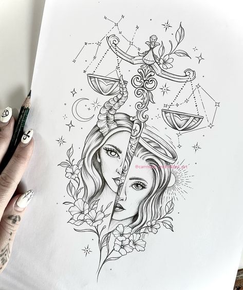 Gemini & Libra Combo Tattoo Design (sold) 🌸 COMMISSIONS OPEN WORLDWIDE 🌸 DM me to chat about your idea. #libra #gemini #sunandmoon #astrology #starsigntattoo #starsigns #drawingsketch #sketchdaily Please no copying / tattooing 🌸 this artwork is sold. Gemini Dainty Tattoo, Libra Design Tattoo, Zodiac Libra Tattoos, Gemini Related Tattoos, Libra Witch Tattoo, Gemini Inspired Tattoos For Women, Astraea Goddess Tattoo, Libra And Aquarius Tattoo, Gemini Zodiac Tattoos For Women