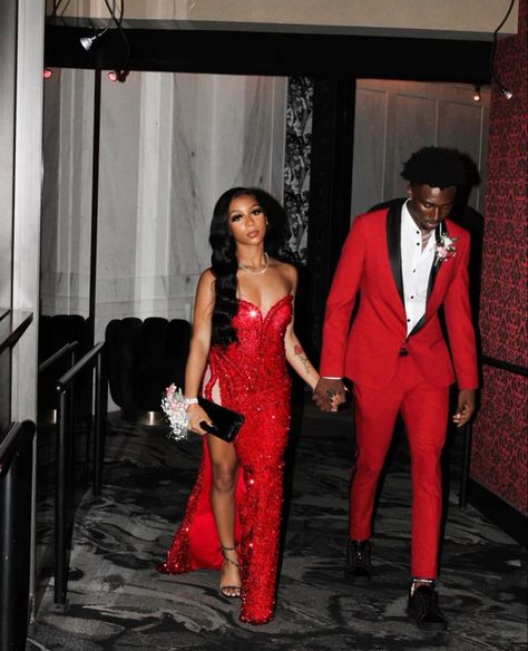 Red Homecoming Couple Black, Matching Prom Black Couples, Homecoming Black And Red Couple, Black And Red Prom Couple Black People, Red Baddie Prom Dresses, Prom With Jordans, Red And Black Hoco Outfits, Homecoming With Boyfriend Black, Red And Black Couple Outfits Formal