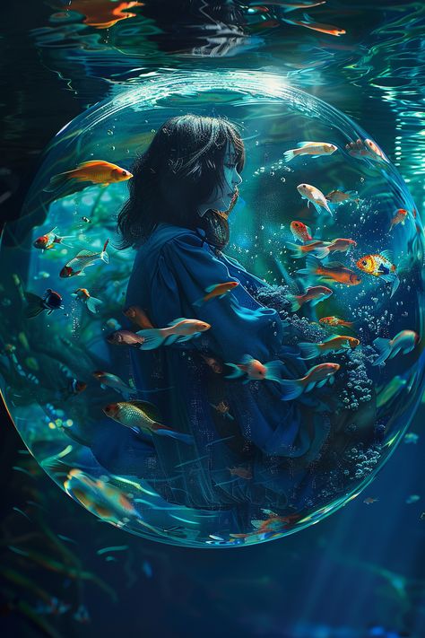 Digital Artwork: Woman in Sphere with Betta Fish Life In A Fishbowl, Underwater Life Painting, Underwater Surrealism, Underwater Photography Women, Sea Surrealism, Underwater Digital Art, Ocean Surrealism, Deep Sea Painting, Fish Digital Art