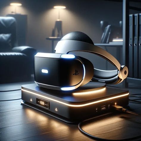 A modern 3-in-1 charging dock stand displaying a PSVR2 headset and controllers being charged. The stand features an electrifying blue charge effect and multicolored LED indicators, showcasing a stylish and functional charging setup for PlayStation VR2 accessories. Vr Technology, Charging Stations, Play Station, Vr Games, Charging Station, Do You Need, Playstation, Headset, Gaming