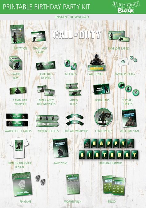 Call of Duty Birthday Party Printable Kit | Birthday Buzzin Call Of Duty Birthday Party Decorations, Call Of Duty Birthday Party Ideas, Call Of Duty Theme Party, Call Of Duty Birthday Party, Brandon Call, Cod Modern Warfare, Modern Warfare Game, Flag Cake Topper, Skull Game