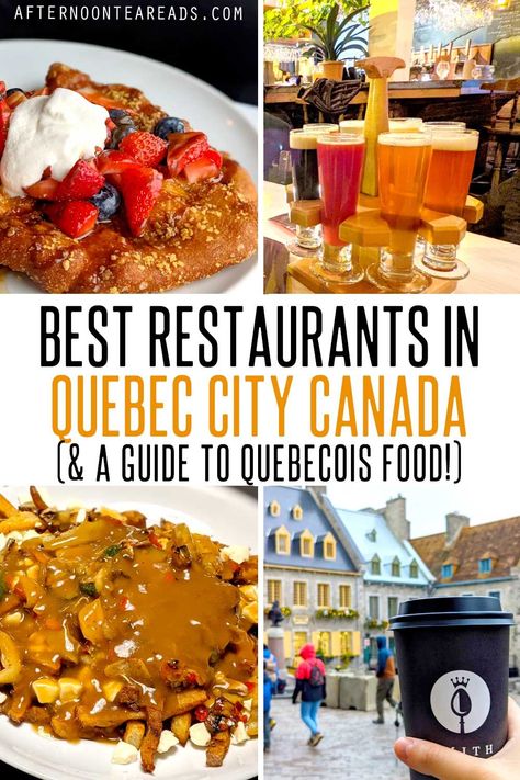 4 images of different quebec city restaurants: beaver tail, local microbrewery, poutine, and local coffee spot Quebec Winter Carnival, Kids Restaurants, Canadian Road Trip, Food To Try, Canada Vacation, Quebec City Canada, Breakfast Places, Old Quebec, Best Bakery