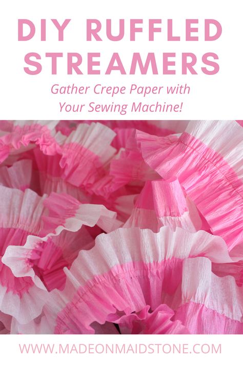 Make ruffled streamers by sewing crepe paper streamers with a gathering foot to make a unique & budget friendly party decoration! Sewing Crepe Paper, Ruffled Crepe Paper, Sewing Streamers, Crepe Streamer Ideas, Ruffled Streamers, Crepe Paper Backdrop, Crepe Paper Garland, Crepe Paper Decorations, Loom Knitting Tutorial