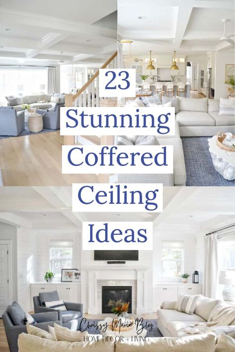 Ceilings do not have to be boring! Take a design to the next level with a coffered ceiling to add interest, drama and sophistication to a room. Tray Ceiling Ideas Living Room, Coffered Ceiling Family Room, Coffered Ceiling Dining Room, Tray Ceiling Ideas, Ceiling Ideas Living Room, Ceiling Beams Living Room, Coffered Ceiling Design, Beams Living Room, New Ceiling Design