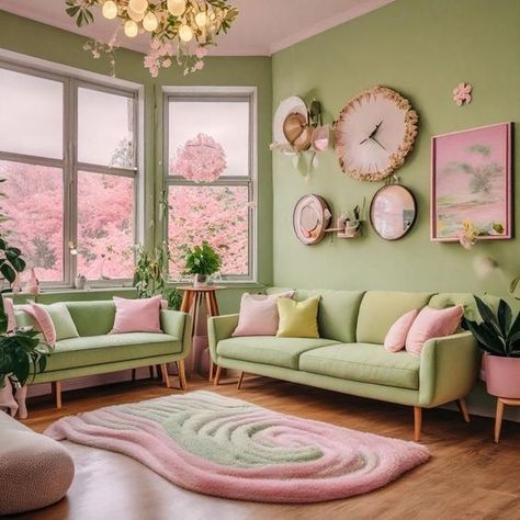 Green Pastel Living Room, Green And Pink Salon, Pink Green Living Room, Green And Pink Living Room, Pink And Green Living Room, Mint Living Rooms, Pink House Interior, Yellow Kitchen Cabinets, Pastel Living Room