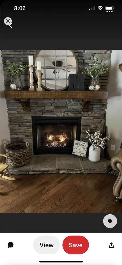 Stone Fireplace And Mantle Ideas, Stone Fireplace With Wood Mantle Decor, Fireplace Decor With Family Portrait, Cabin Mantel Decor, Fireplace Decor With Tv Farmhouse, Hearth Decorations Fireplace, Mirror Over Mantle Ideas, 2023 Farmhouse Living Room, Fireplace Ideas Farmhouse Rustic