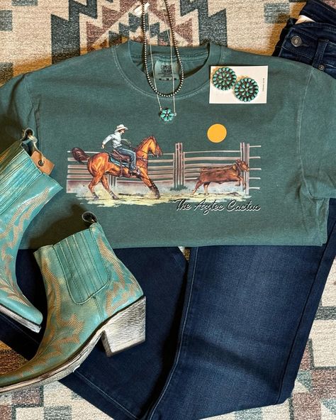 We are loving these new exclusive graphics - - - #westernfashion #rodeofashion #westernboutique #azteccactus #shopazteccactus Edgy Cowgirl, Western Fashion Outfits, Casual Western Outfits, Aztec Cactus, Rodeo Fits, Jesus Clothes, Classy Cowgirl, Western Fits, Western Boutique