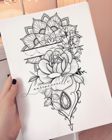 Mandala, diamond and florals • New drawing available as a tattoo design 🌾⭐️ Perfect for a arm or thigh piece, all designs bought online can… Mandala Tattoos For Women, Printable Tattoos, Thigh Tattoo Designs, Geometric Tattoos, Japanese Tattoos, Leg Tattoos Women, Dope Tattoos For Women, Lace Tattoo, Floral Tattoo Design