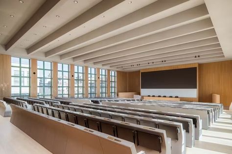 Case Study: Bocconi University Lecture Hall Design University Lecture Hall, Lecture Hall Design, University Interior, Bocconi University, University Lectures, Glass Facade, Lecture Hall, Lecture Theatre, Lectures Hall