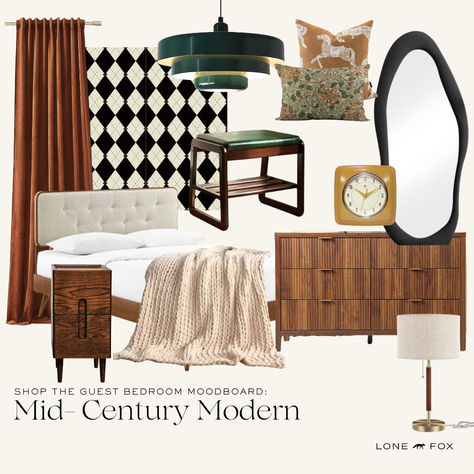 Guest Bedroom Moodboard Inspiration Mid Century Modern Mid Century Modern Inspired Bedroom, Mood Board Mid Century Modern, Mid Century Modern Bedroom Mood Board, Mid Century Modern Moodboard, Mid Century Moodboard, Bedroom Moodboard Interior Design, Mid Century Modern Mood Board, Mid Century Decorating Ideas, Lone Fox Home