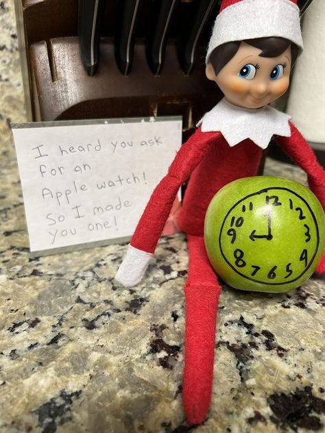 Cheeky Elf Ideas 2023 | My 8 year old asked for an Apple Watch for Christmas Apple Watch Elf On The Shelf, Elf Idea For Kids Not Listening, Elf On Shelf Apple Watch, Elf On The Shelf Apple Watch, Elf On The Shelf Apple Juice, Elf On The Shelf Ideas For Kids Not Listening, Elf Grinch Ideas, Elf Apple Watch, Grinch Elf On The Shelf