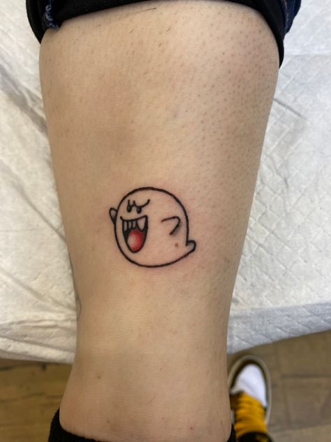 Boo From Mario Tattoo, King Boo Tattoo Design, Dry Bones Tattoo Mario, Bobomb Mario Tattoo, Boo Tattoo Mario, King Boo Tattoo, Mario Kart Tattoo, Nintendo Tattoo Ideas, Bowser Tattoo