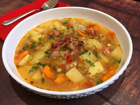 Kartoffelsuppe • German Potato Soup Recipe | Club Foody German Potato Soup, Potato Bacon Soup, Germany Food, Pea And Ham Soup, German Potato, German Potatoes, Slotted Spoon, Potato Soup Recipe, Food Club