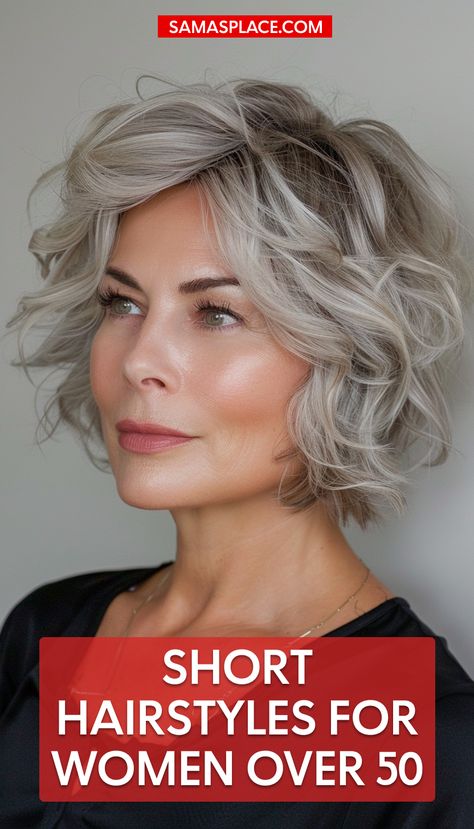 Short hairstyles for women over 50 featuring natural gray waves for a soft, stylish look. Short Layered Gray Hair, Short Wavy Gray Hairstyles, Easy Hairstyles For Short Wavy Hair, Gray Hair Bobs Older Women, Short Wavy Hairstyles For Women Over 50, Gray Bob Hairstyles Over 50, Quick Easy Short Hairstyles, Wavy Short Haircuts, Wavy Gray Hair