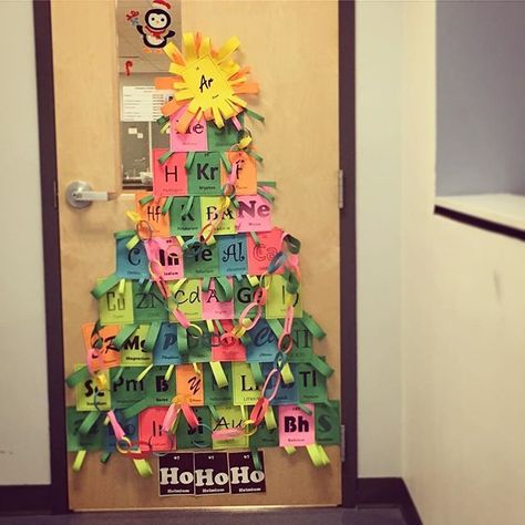 24 days of #chemistree - day 5 by @mrs.dehernandez  Please rate this tree! The winner gets a surprise! Send us YOUR chemistree to get featured and rated :)  My daughter might not agree with me posting this before December 1st but I like it. It is on the door to the chem prep lab.  #chemistry #science #sciencejokes #chemistryjokes Science Door Decorations, Chemistry Animation, Lab Chemistry, Winter Science Activities, Science Bulletin Boards, Classroom Decor Ideas, Winter Science, Science Classroom Decorations, Chemistry Classroom