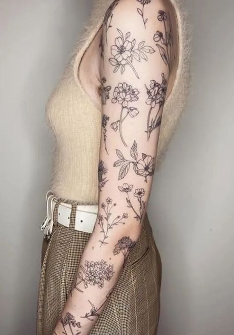 Botanical Tattoo Sleeve, Hand Fashion, Floral Tattoo Sleeve, Flower Tattoo Sleeve, Botanical Tattoo, Arm Sleeve Tattoos, Symbol Tattoos, Tattoo Cover, Best Sleeve Tattoos