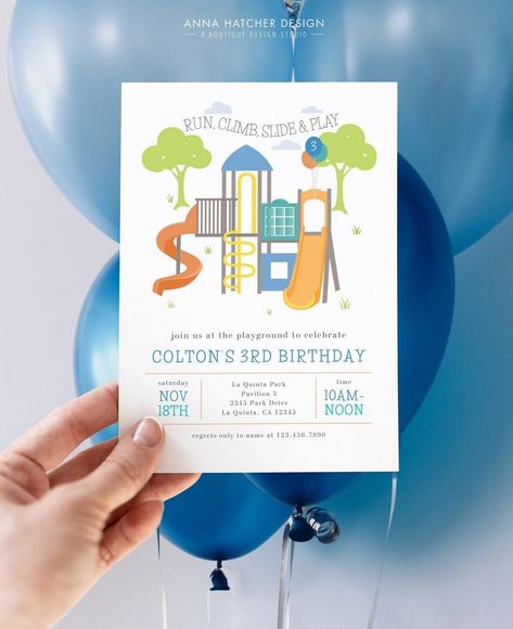 Joyous Kids Invitation Designs for Birthdays Two Year Old Park Birthday Party, Outdoor Playground Birthday Party, 1st Birthday At The Park, Park Birthday Party Themes, Playground Themed Birthday Party, First Birthday At The Park, Park Birthday Invitations, Birthday At The Park, Park Themed Birthday Party