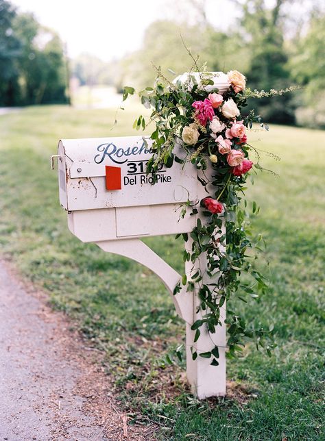 Mailbox Wedding, Wedding Mailbox, Elegant Backyard Wedding, Elegant Backyard, Vintage Mailbox, Mailbox Decor, Unique Wedding Flowers, Floral Chandelier, Event Floral Design