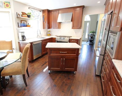 Kitchen Gold Hardware, Natural Cherry Cabinets, Portable Island, Red Cabinets, Cherry Cabinets, Builder Grade, Quartz Countertop, Transitional Kitchen, House Remodel