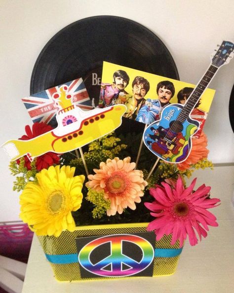 The beatles centerpiece 60s Centerpiece Ideas, Beatles Themed Birthday Party, Beatles Centerpieces Ideas, The Beatles Party Ideas, Beatles Themed Party Decorations, Beatles Party Centerpieces, Beatles Party Decorations, Beatles Baby Shower, Beatles Birthday Party