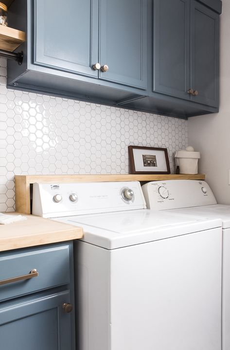 Hex Tile Backsplash, Laundry Room Tile, Laundry Room Update, Laundry Room Ideas Small Space, Small Laundry Room Makeover, Laundry Room Renovation, Laundry Room Cabinets, Laundry Room Remodel, Laundry Room Inspiration