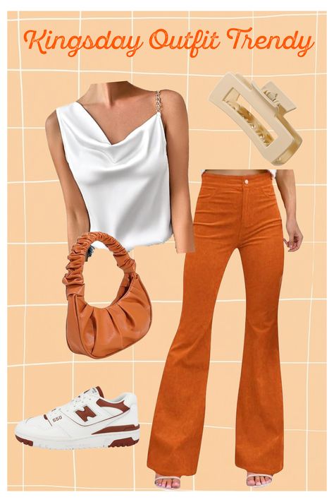 Rule the streets this Kingsday with a fresh twist! Pairing vibrant orange flare pants with a chic fancy white top, stylish orange underarm bag, and cool New Balance sneakers for a trendy and comfortable look. Let's celebrate in style! 👑🧡 #KingsdayOutfit #OrangeFlarePants #ChicFashion #AmazonFinds #OOTD #FestiveStyle #WhiteTop #UnderarmBag #NewBalanceSneakers #Fashionista #StylishCelebration #DutchStyle #OrangeNation #PartyReady #FashionGoals #AmazonFashion #StreetStyle #FashionAddict Orange Flare Pants, Fancy White Tops, Kings Day, Balance Sneakers, New Balance Sneakers, Underarm Bag, Let's Celebrate, Vibrant Orange, Fashion Addict