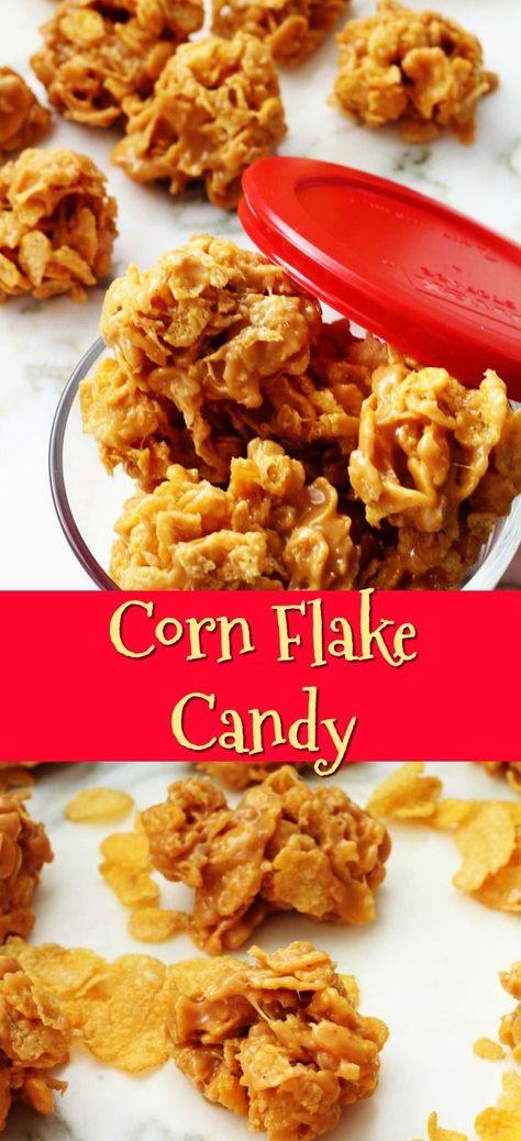 Corn flake candy is an old fashioned recipe that has been around for years. It is a fun little treat with no baking required! The fact that it only has 4 ingredients makes it even better. Sometimes this treat is called Corn Flake Cookies instead of Corn Flake Candy. Whatever you call them, everyone will love these chewy, sweet, and salty treats that are ready in no time at all! You are going to want to add this Corn Flake Candy Recipe to your candy and cookie recipe collections. Corn Flakes Rice Krispies Treats, Corn Flakes And Peanut Butter Treats, Corn Flake Chewy Bars, Frosted Flake Recipes, Colored Coconut Flakes, Treats Made With Cereal, Corn Flake Peanut Butter Clusters, Cookies Made With Corn Flakes, Corn Flake Brittle