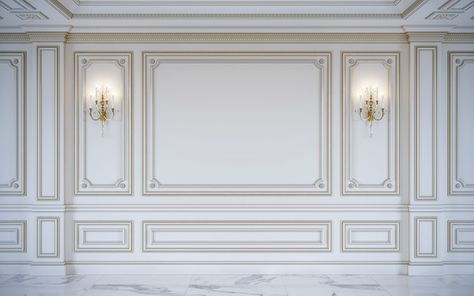 White wall panels in classical style with gilding. 3d rendering Premium Photo | Premium Photo Wall Molding Living Room, Wall Moulding Panels, Decorative Wall Molding, White Wall Paneling, Modern Wall Paneling, Dining Room Wainscoting, Wall Panel Molding, Living Room Wall Designs, Luxury Living Room Decor