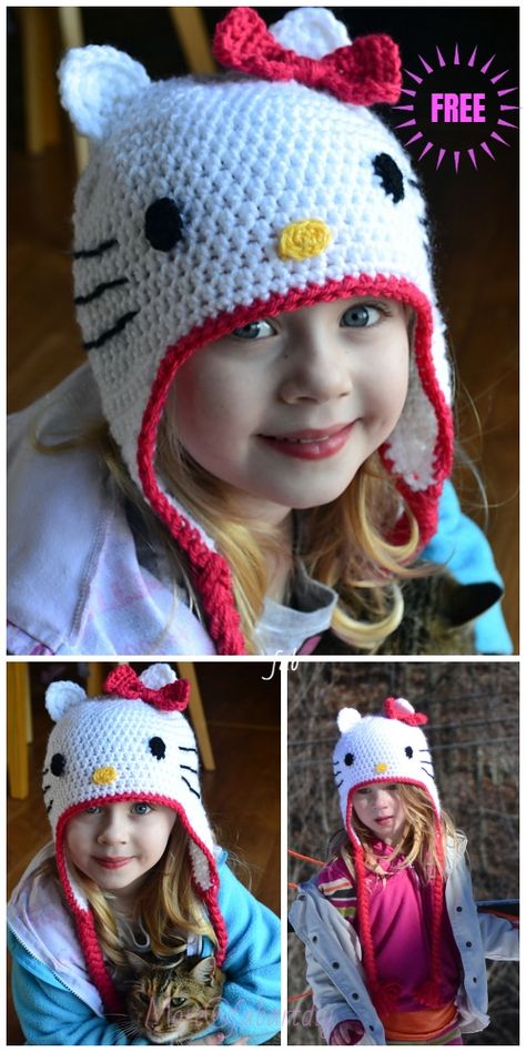 Crochet Hello Kitty Hat Free Crochet Pattern Hello Kitty Hat, Crochet Baby Hats Free Pattern, Wearable Crochet, Baby Hat Free Pattern, Cat Hats, Crochet Character Hats, Crochet Animal Hats, Hat Inspiration, Crochet Cat Hat