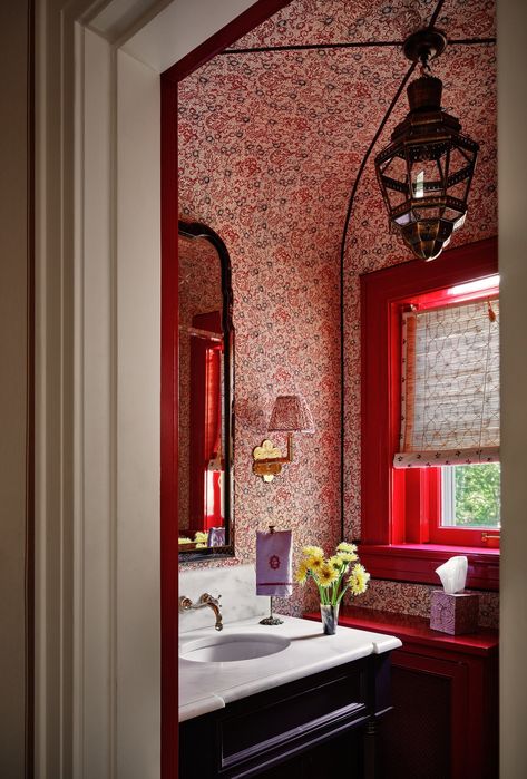 West 55th Georgian — Henry & Co Design Red Powder Room, Clawfoot Tub Ideas, Powder Room Lighting, Clawfoot Tubs, Red Ceiling, Ceiling Bathroom, Powder Room Wallpaper, Tub Ideas, Classic Tile