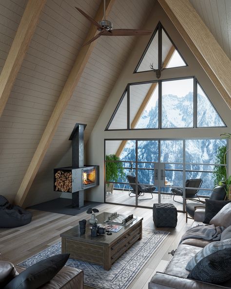 A Cabin House, A-frame Interior, Rustic Barndominium, Triangle House, Cabin Interior Design, A Frame Cabins, Bedroom Barndominium, A Frame House Plans, Cabin House