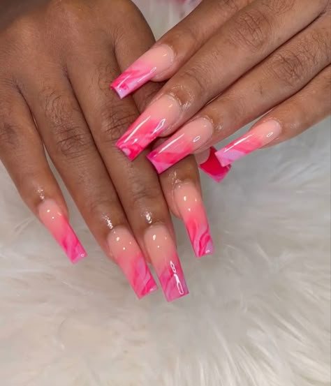 Coloured Ombré Nails, Pink Ombré Coffin Nails, Bright Pink And White Ombre Nails, Hot Pink Ombre Nails Coffin, Barbie Pink French Tip Nails Square, Ombre Hot Pink Acrylic Nails, Evil Eye Nails, Aqua Nails, White Acrylic Nails