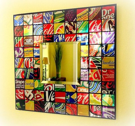 Mirror Recycled by Laura Trevey Soda Can Art, Soda Can Crafts, Mosaic Tile Mirror, Soda Tabs, Aluminum Can Crafts, Ring Pulls, Revere Pewter, Aluminum Cans, Pop Cans