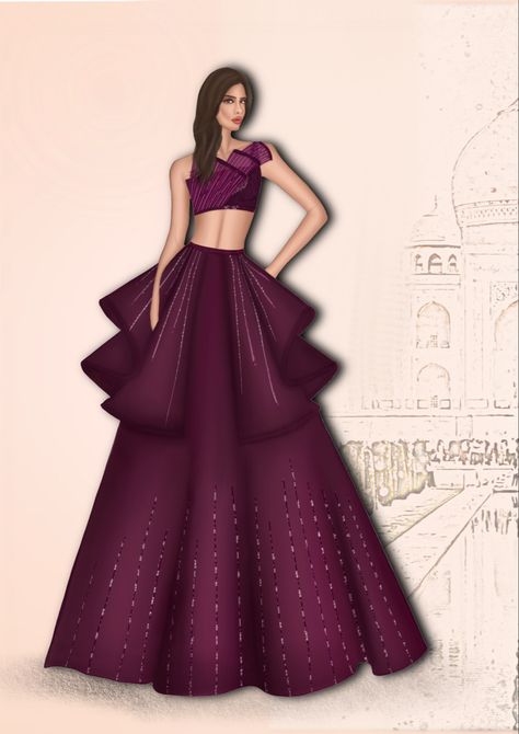 Digital illustration of indian lehenga choli with the touch of western look and pretty embroidery effect. #fashion #shimmer #wine #embroidery #embroiderypattern #indianwedding #indianfashion #indianbride #outfits #western #westernlifestyle #digital #digitalart #digitaldraw #pattern Indian Digital Illustration, Lehenga Illustration Indian Fashion, Indian Wear Illustration Sketch, Lehnga Illustrations, Party Wear Drawing, Indian Dress Illustration, Western Dress Illustration, Indo Western Illustration, Western Wear Illustration