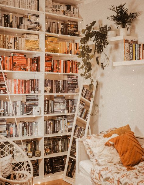 Athstetic Bookshelf, Comfy Library Room, Booklover Bedroom Ideas, Book Room Ideas Cozy, Cozy Bookworm Bedroom, Small Bedroom With Bookshelf, Room Ideas Aesthetic Bookworm, Cozy Reading Bedroom, Cozy Bedroom Bookshelves