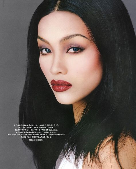 Valerie Celis for Hi Fashion Magazine taken in NY in 1995 (photographer unknown at the moment). Makeup by Kevyn Aucoin, hair by Satotomita and Tomita Sato, and editor Yumiko Haba. (#ValerieCelis #HiFashionMagazine #KevynAucoin #Satotomita #TomitaSato #YumikoHaba #1995 #Fashion #90s) Kevyn Aucoin Makeup 90s, Kevin Acoin 90s Makeup, Kevin Aucoin Makeup Looks, Office Siren Aesthetic Makeup, Office Siren Aesthetic, Office Siren Makeup, Bold Red Lip Makeup, 90s Beauty, Kevyn Aucoin Makeup