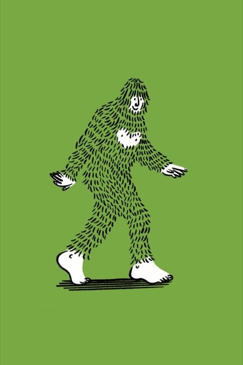 Black and white cartoon character of bigfoot on a green background. Bigfoot Illustration, Energy Illustration, Farm Mural, Feet Drawing, Baby Grinch, Graphic Elements, Art Block, Game Design, Creative Professional