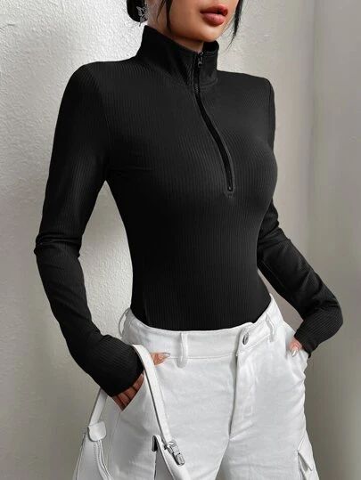 Comfy Jumpsuits, Ribbed Knit Bodysuit, Knit Bodysuit, Knit Sleeve, Inspiration Mode, Affordable Clothes, Black Rib, Womens Bodysuit, Long Sleeve Bodysuit