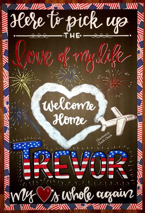 Military Homecoming Sign / welcome home / chalkboard / deployed / deployment / Charleston Chalk Chick To order or inquire: charlestonchalkchick@gmail.com or www.facebook.com/charlestonchalkchick Sailor Homecoming Signs, Soldier Homecoming Signs, Military Homecoming Ideas, Military Homecoming Decorations, Deployment Homecoming Signs, Welcome Home Signs For Military, Welcome Home Military Signs, Welcome Home Soldier, Diy Welcome Home Signs For Military