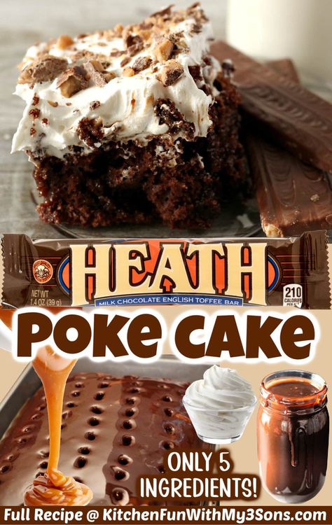 Chocolate Toffee Poke Cake, Heath Candy Dessert Recipes, Tom Selleck Cake Recipe, Mocha Poke Cake Recipes, Tom Selleck Cake, Polk Cakes Recipe, Simple Poke Cake, Heath Birthday Cake, Toffee Cake Recipe Simple